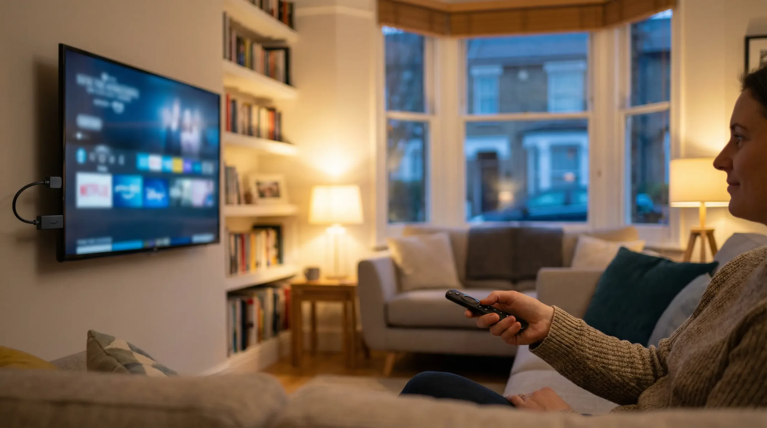 Person streaming IPTV on Firestick in a modern UK living room setup