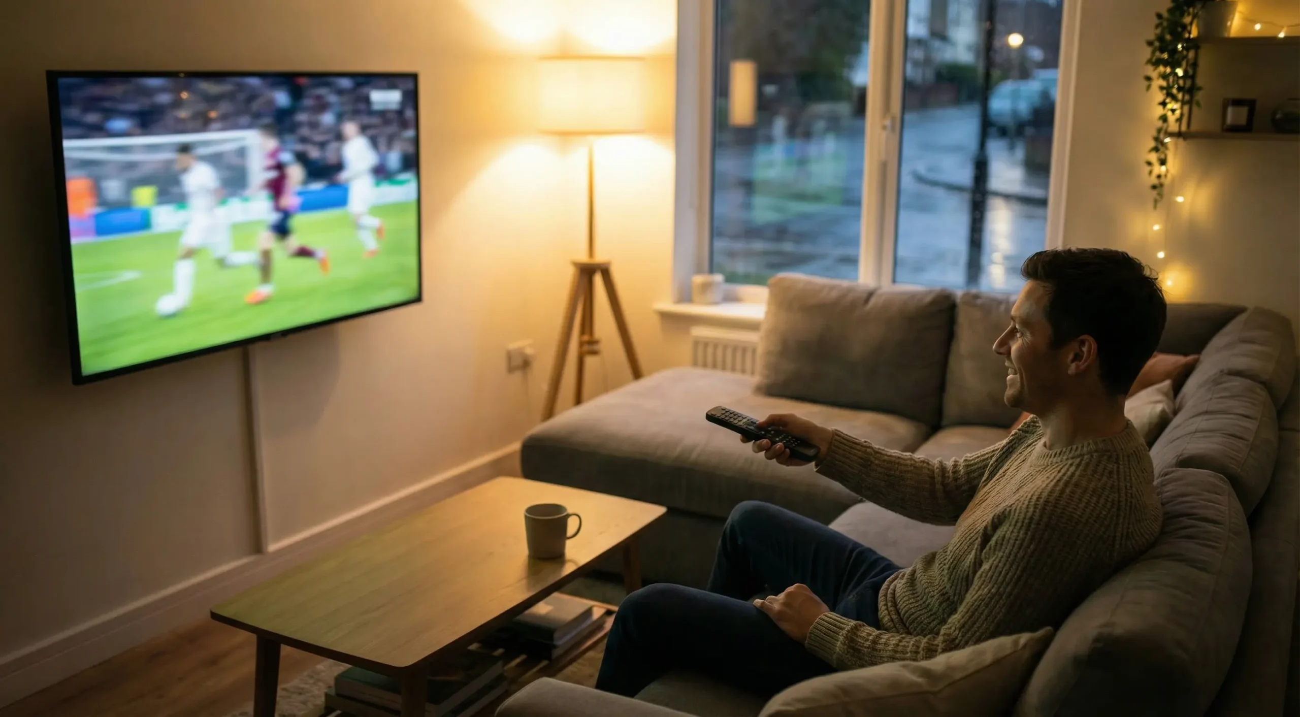 Person watching live sports using IPTV in a modern UK living room