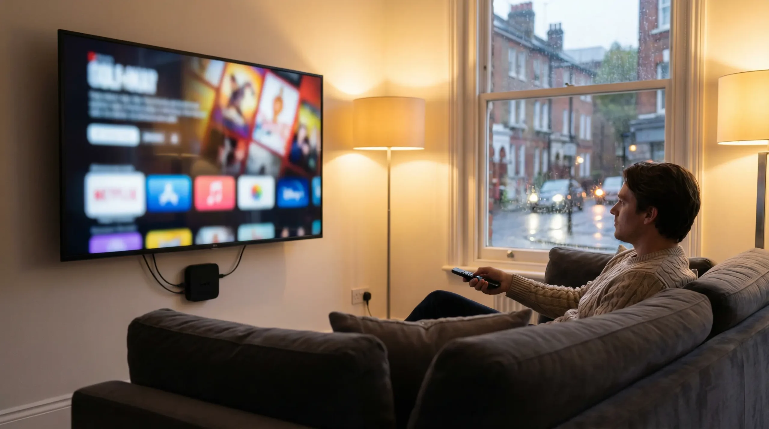 Modern UK living room streaming setup representing IPTV providers in the UK
