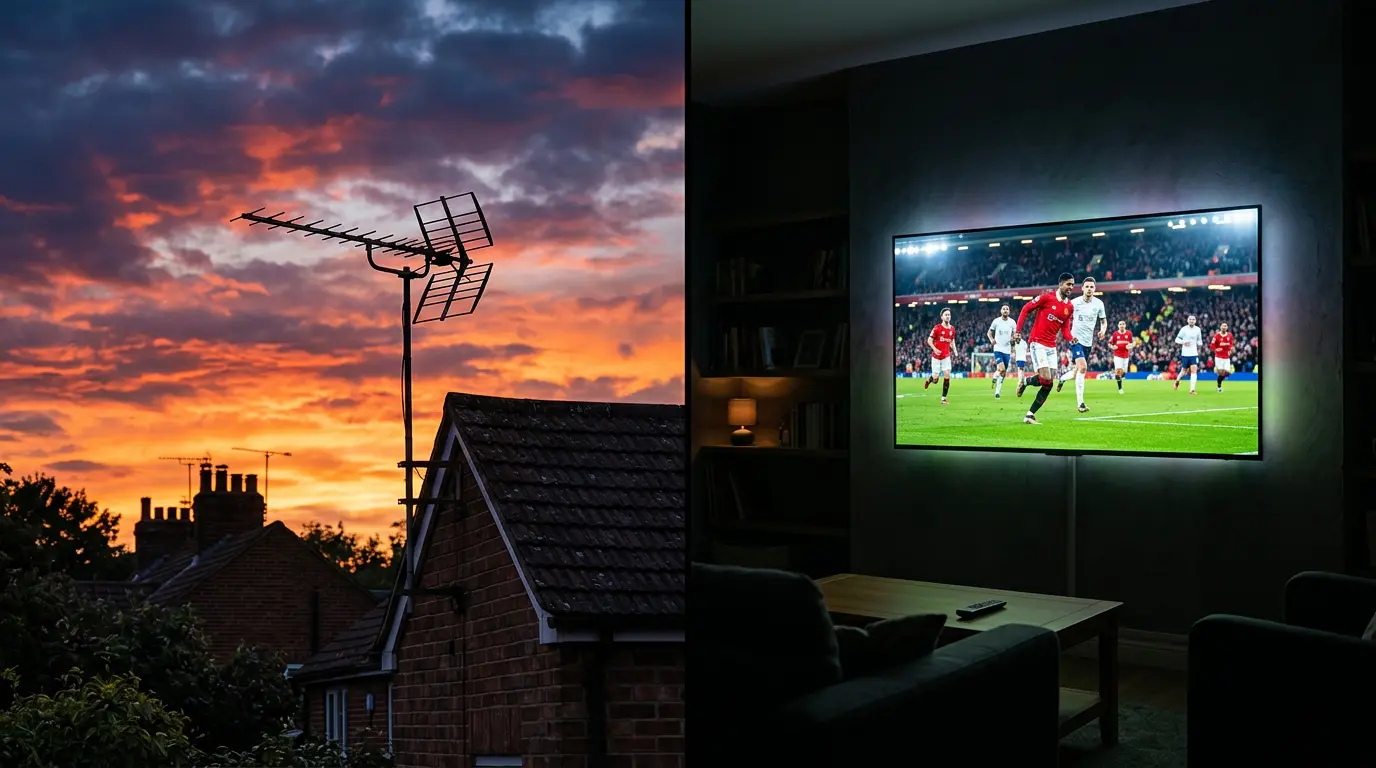 IPTV vs Freeview UK 2026 – rooftop aerial against sunset next to modern smart TV streaming live football