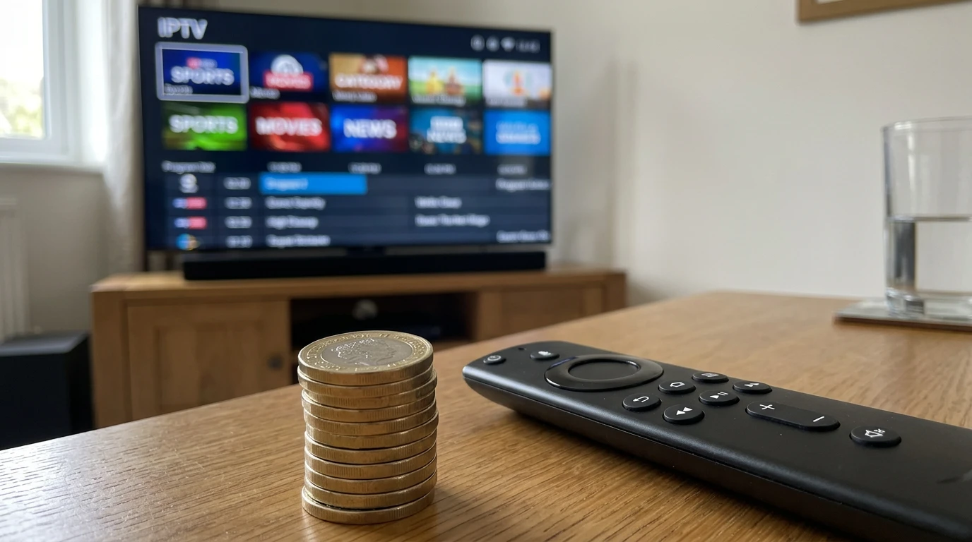 Best IPTV deals UK – pound coins next to Firestick showing savings
