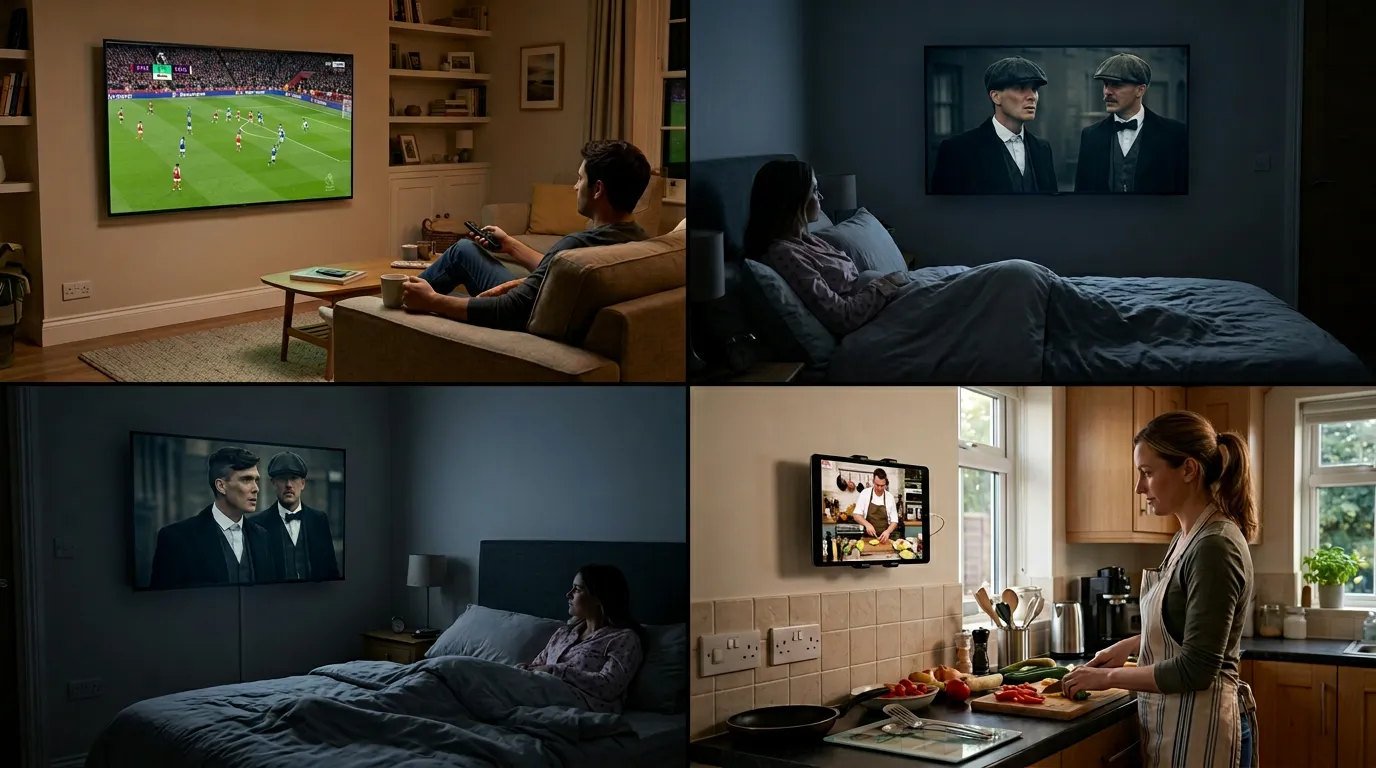 IPTV multiroom UK – three screens showing different channels in one household