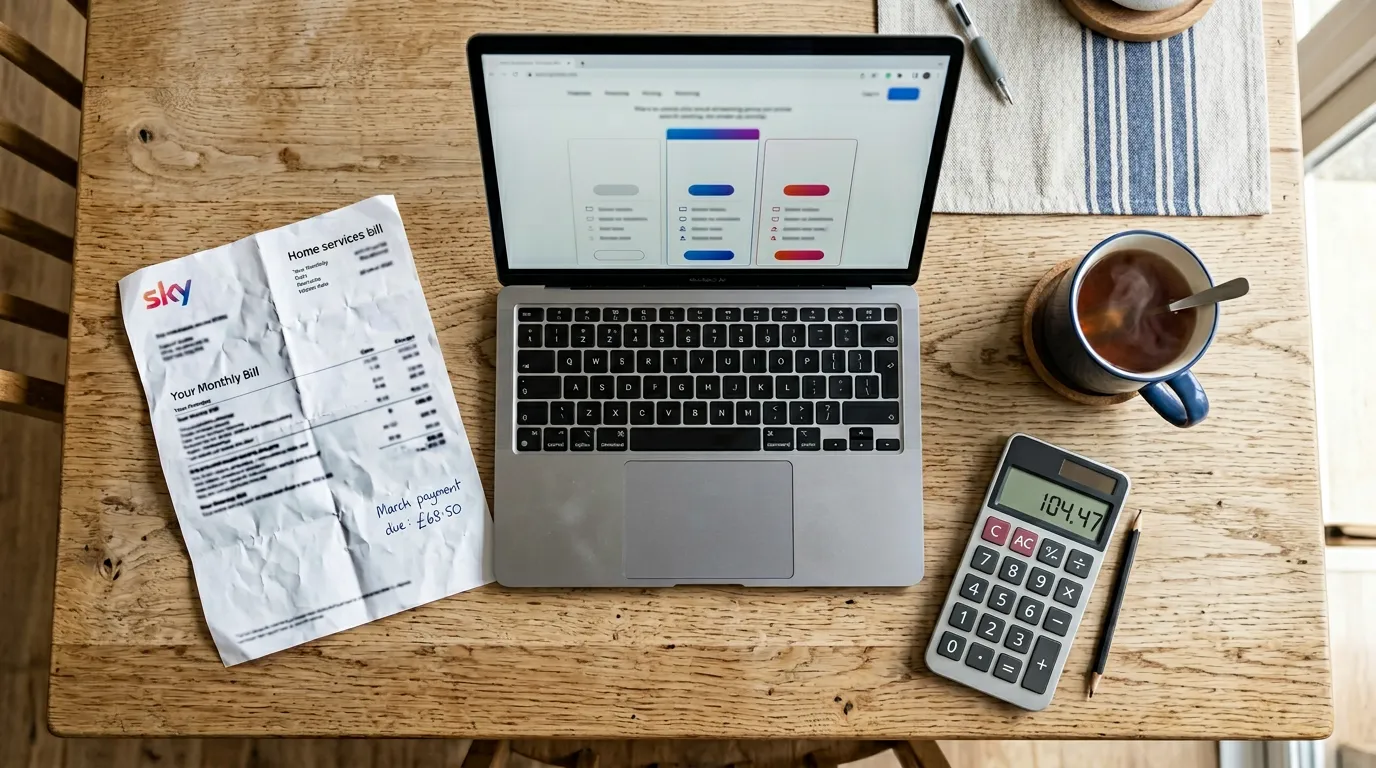 Is IPTV worth it UK 2026 – person checking a Sky bill next to a Firestick showing the cost comparison